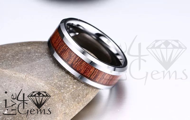Tungsten Carbide Koa Wood Inlay Silver Band 
