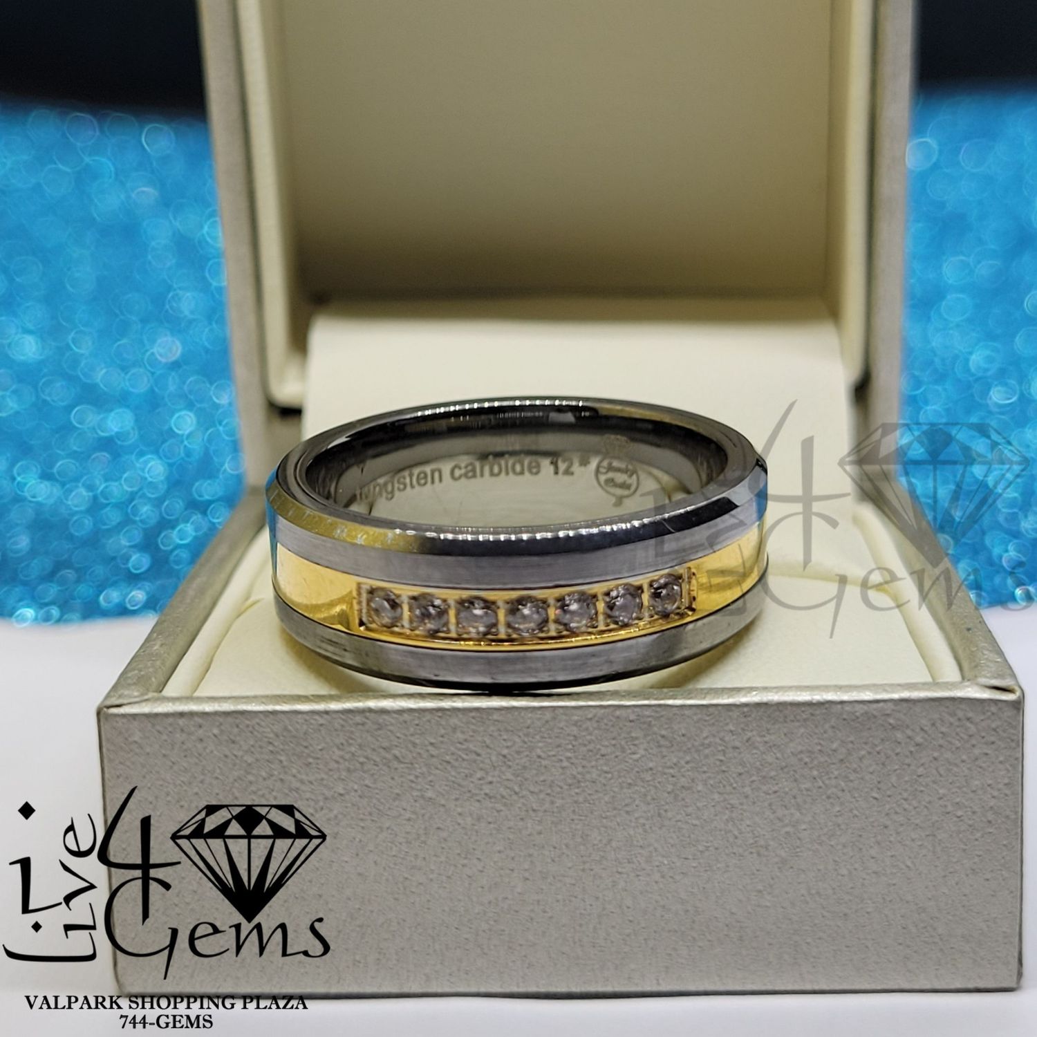 Tungsten Carbide Silver w Matte Gold CZ Band
