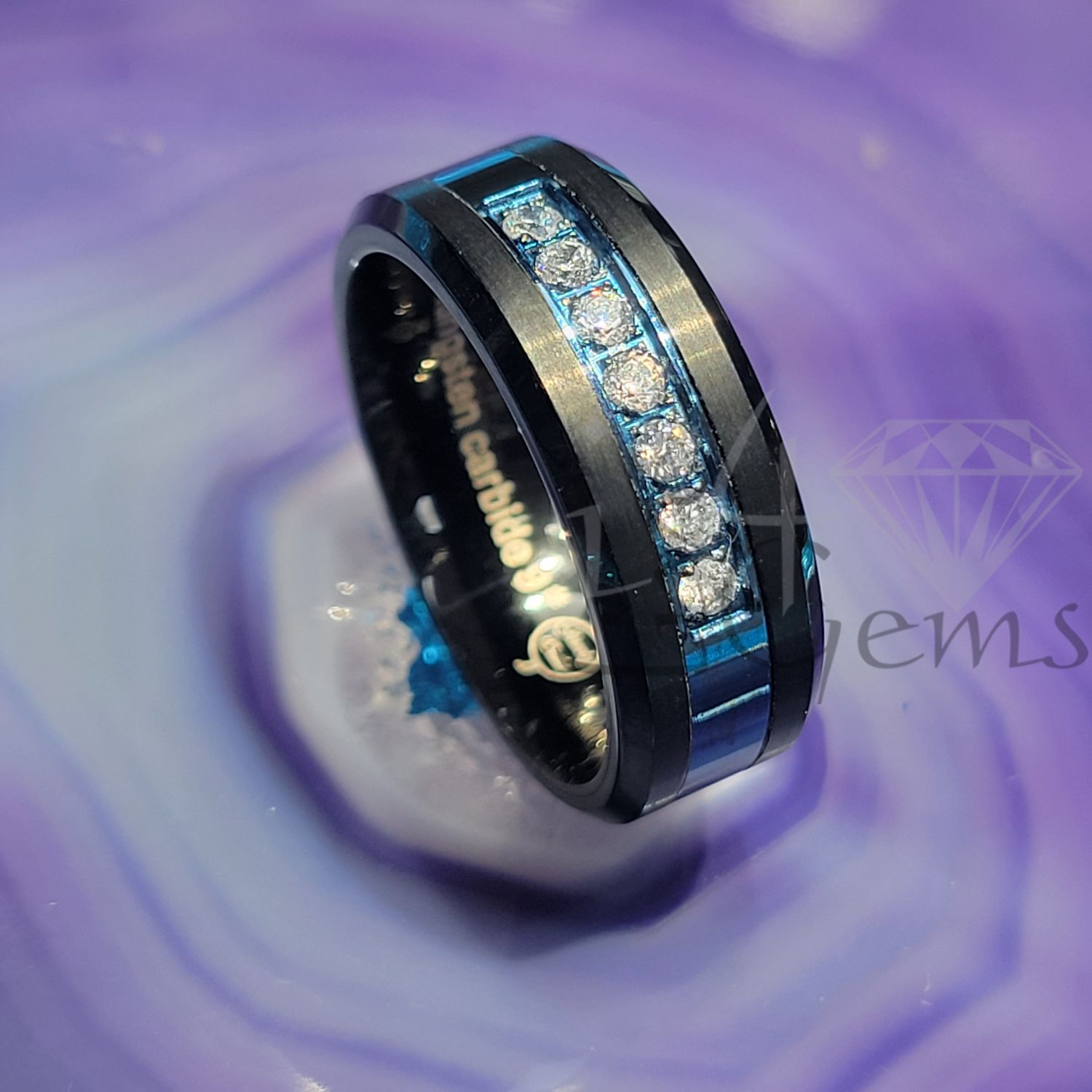 Tungsten Carbide Black w Blue CZ Stripe Band