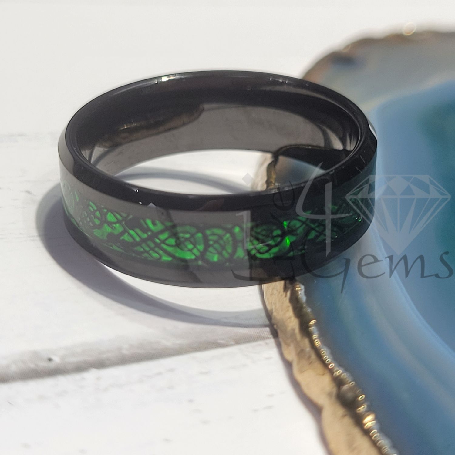 Tungsten Carbide Green Pattern Black Band