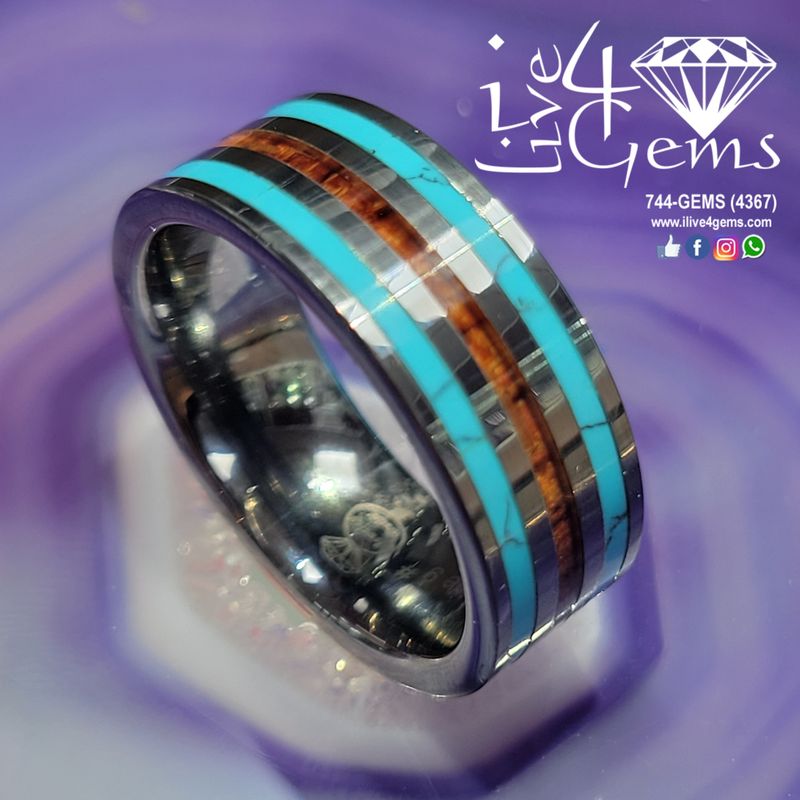 Tungsten Carbide Turquoise/Wood Silver Band