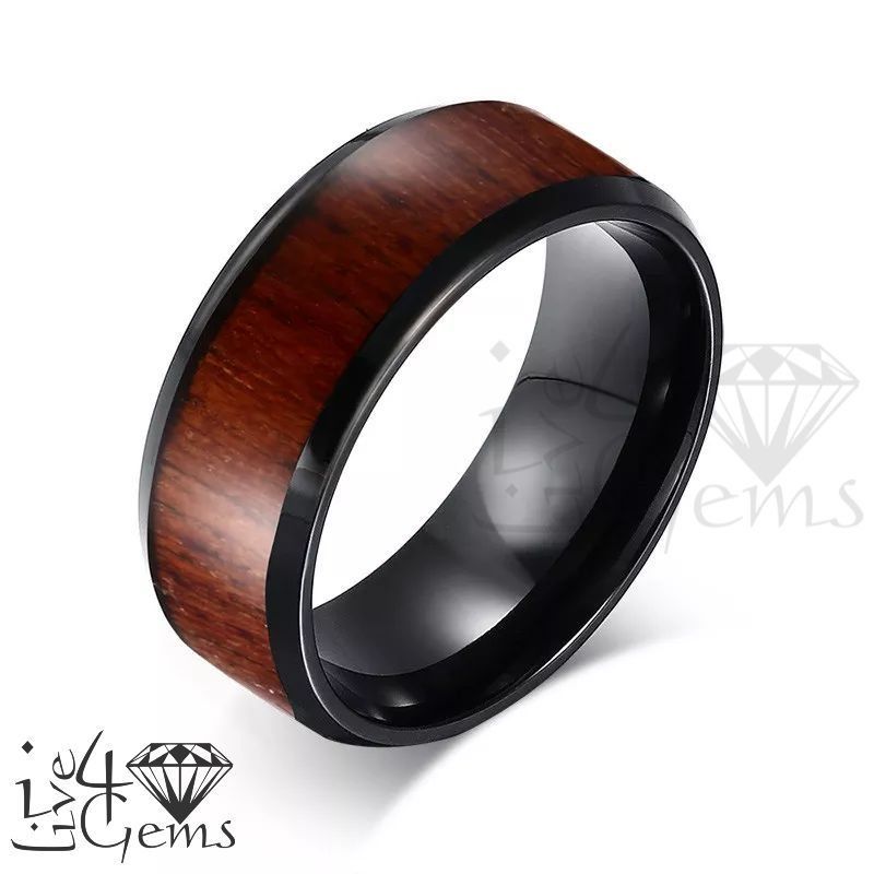 Tungsten Carbide Black w Wood Band 8mm
