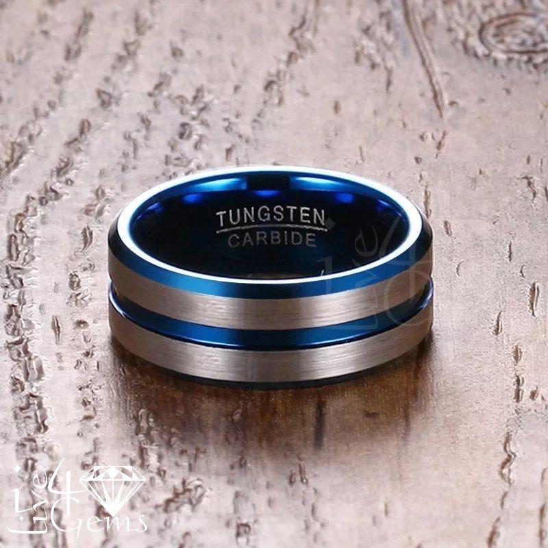Tungsten Carbide Blue Inlay w Blue Stripes