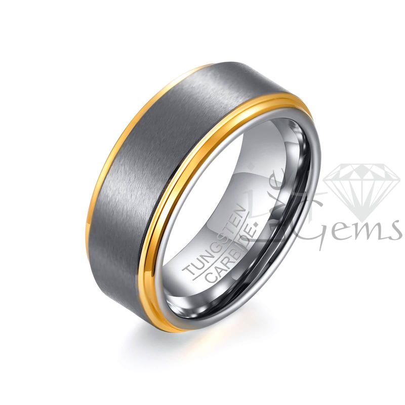 Tungsten Carbide Silver Matte Band w Gold Edge 8mm