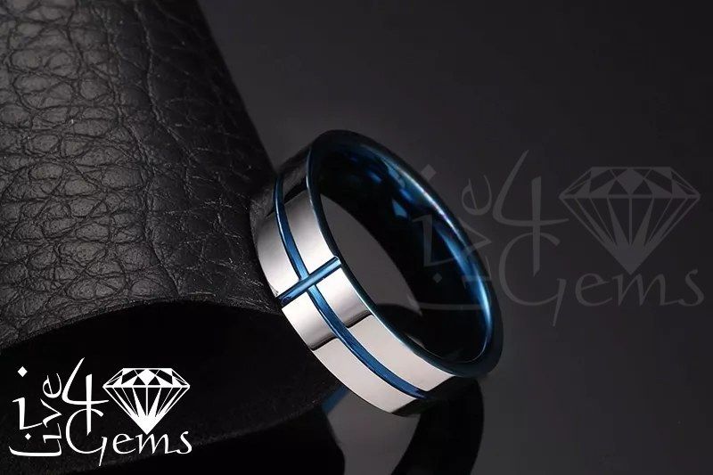 Tungsten Carbide Blue Cross w Silver Band