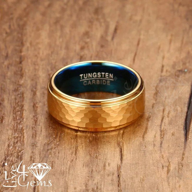 Tungsten Carbide Blue w Gold Hammered Band