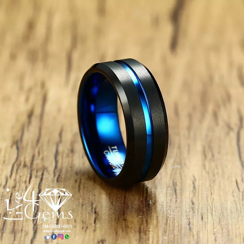 Tungsten Carbide Blue w Matte Black Band 8mm