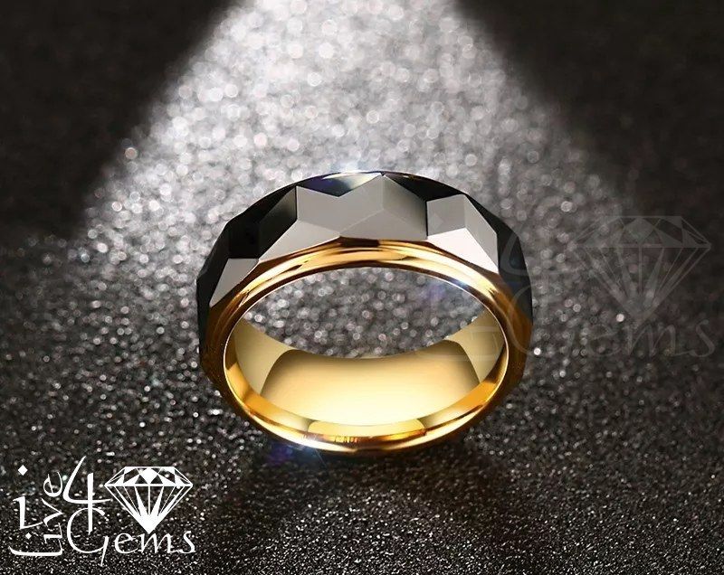 Tungsten Carbide Gold w Diamond Cut Silver Band 8mm