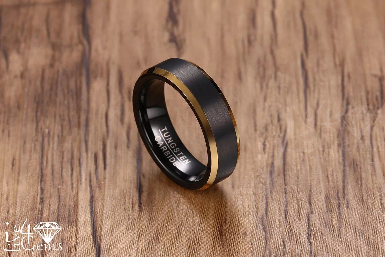 Tungsten Carbide Gold Edged Black Matte Band 6mm