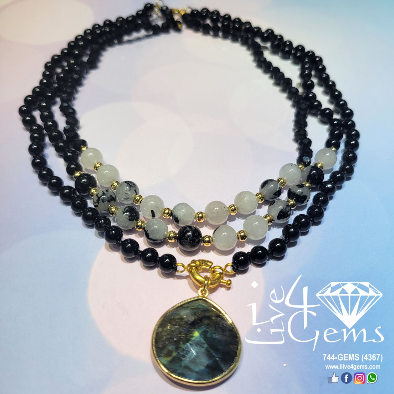 17.5&quot; Triple Strand Onyx and Labradorite Pendant Necklace