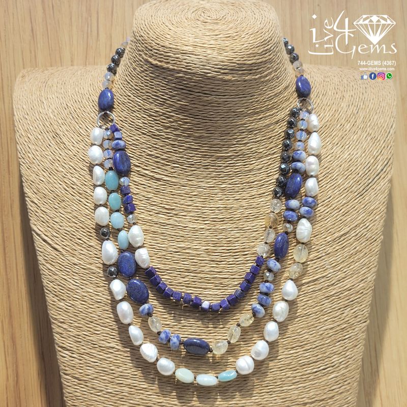 Triple Strand Gemstone w Pearl Necklace