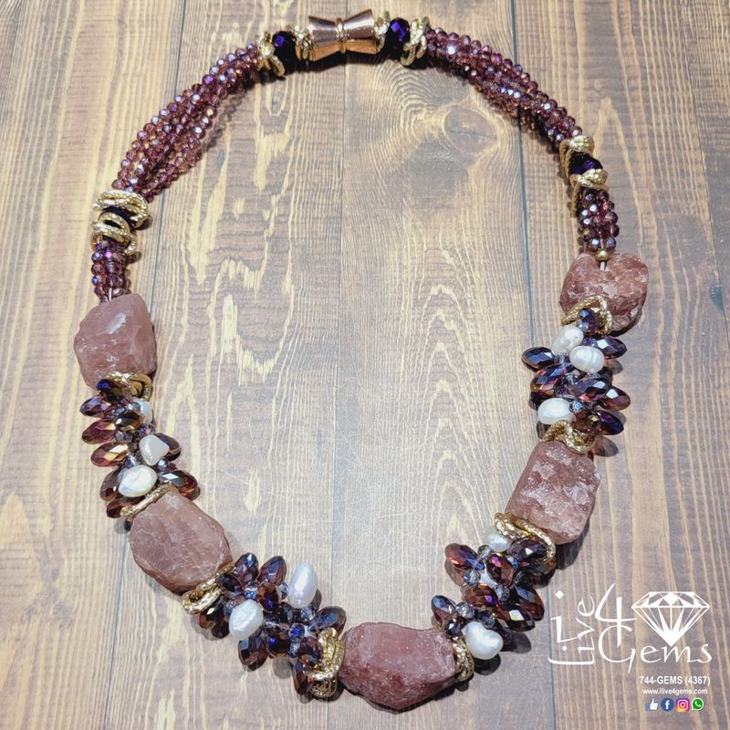 Strawberry Quartz Faceted Briolettes, Pearls, Crystals 20”L