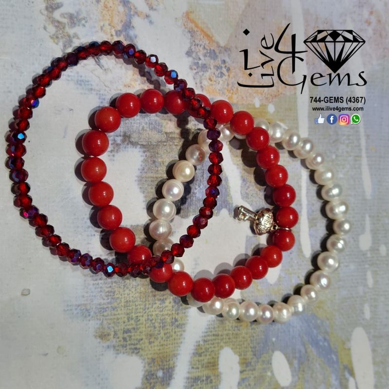 Red Coral, Pearl and Crystal Bracelet Set