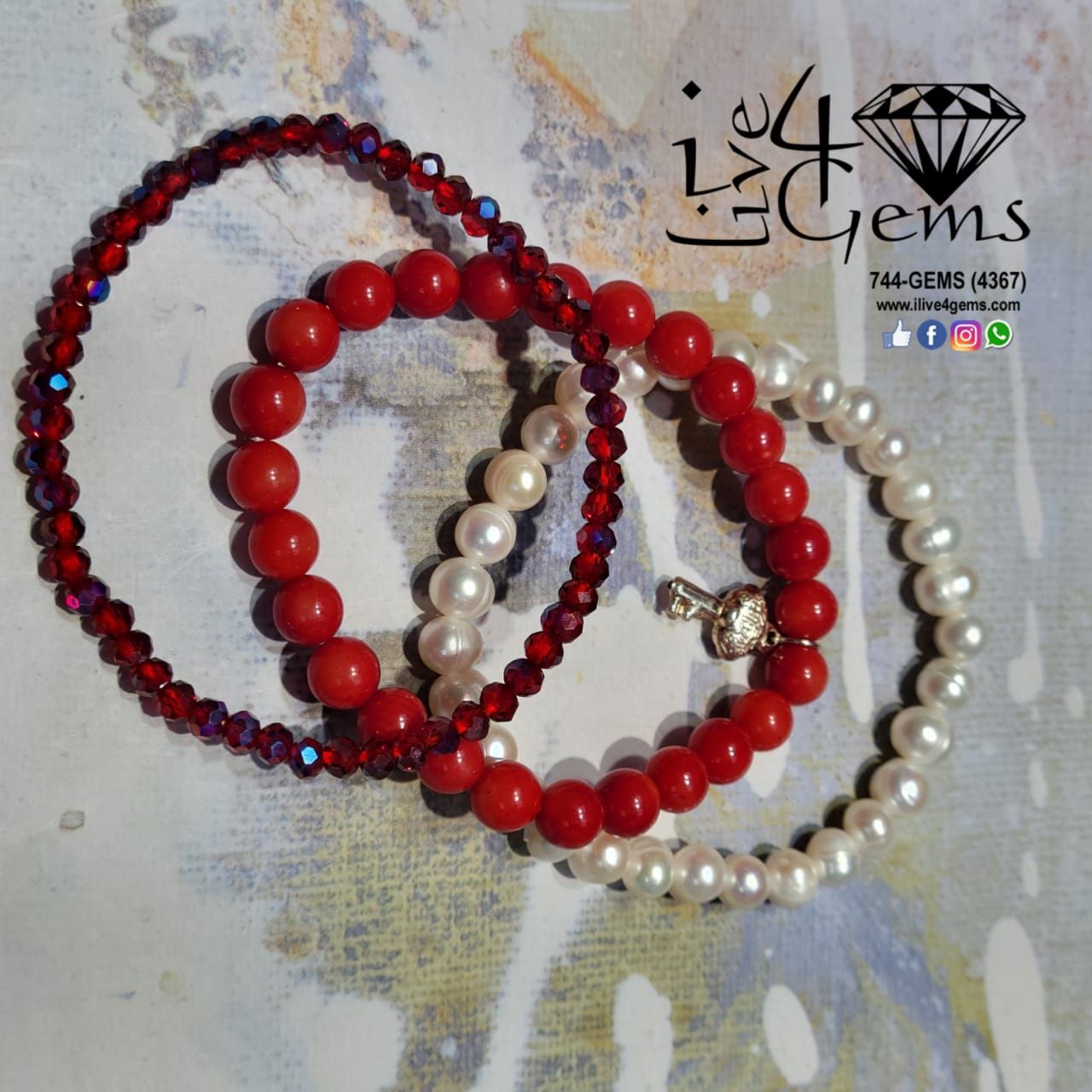 Red Coral, Pearl and Crystal Bracelet Set