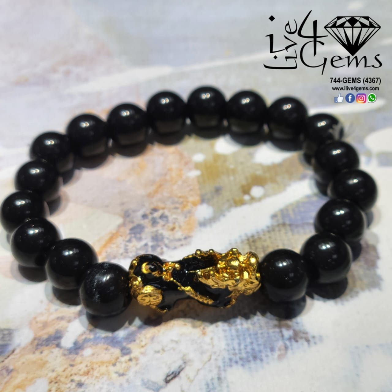 Black Onyx w Gold Dragon Gemstone Bracelet