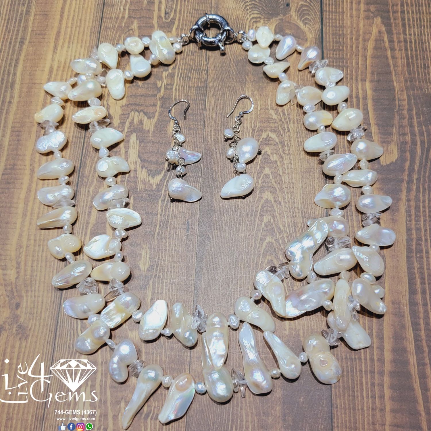 Double Strand Baroque Pearl/Crystal  19&quot;L Necklace/Earring Set
