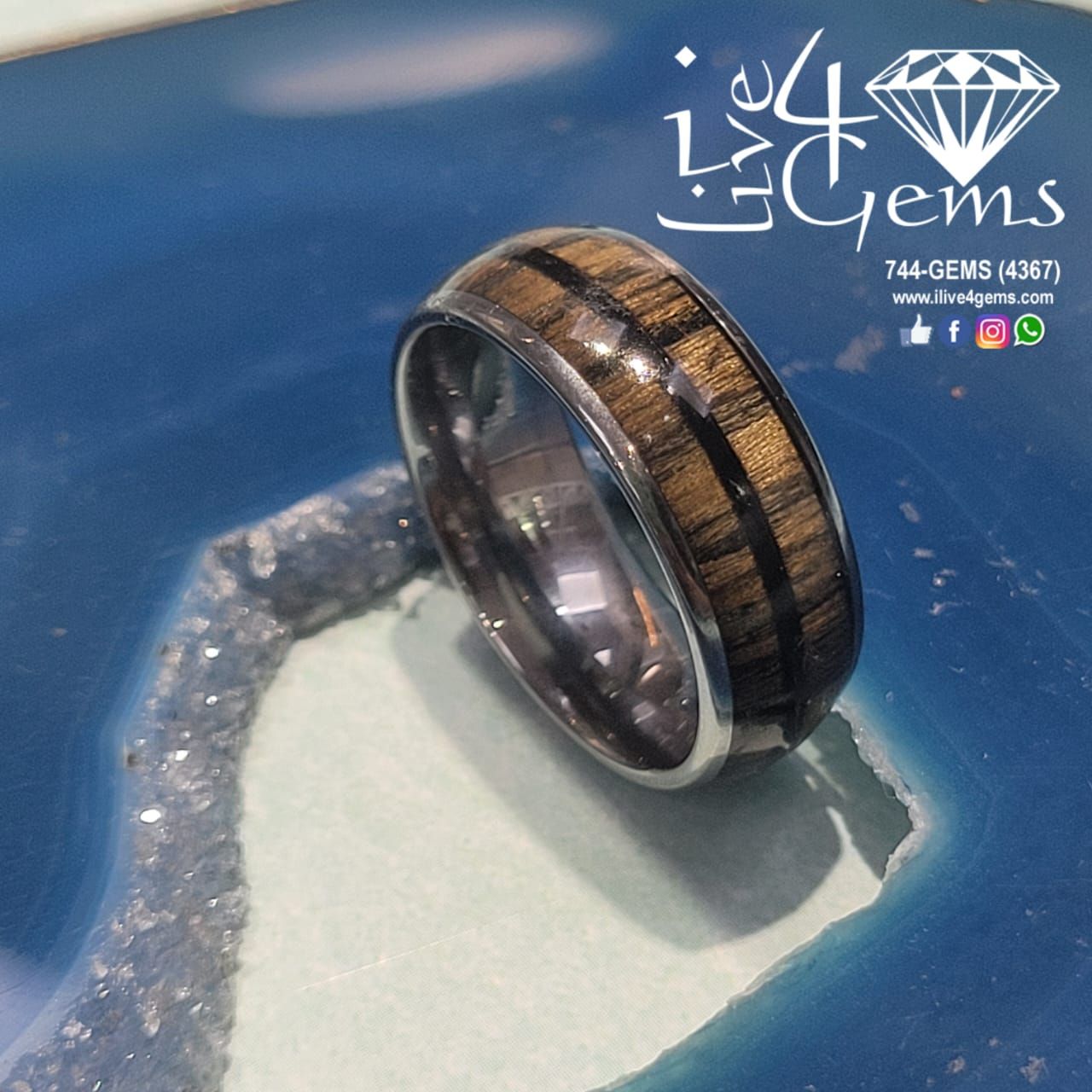 Tungsten Carbide Silver w Wood/Black Stripe Band, Size: 10
