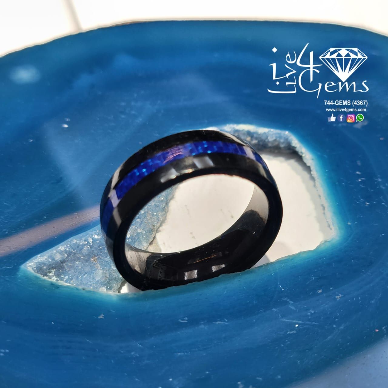 Tungsten Carbide Black w Blue Pattern Band