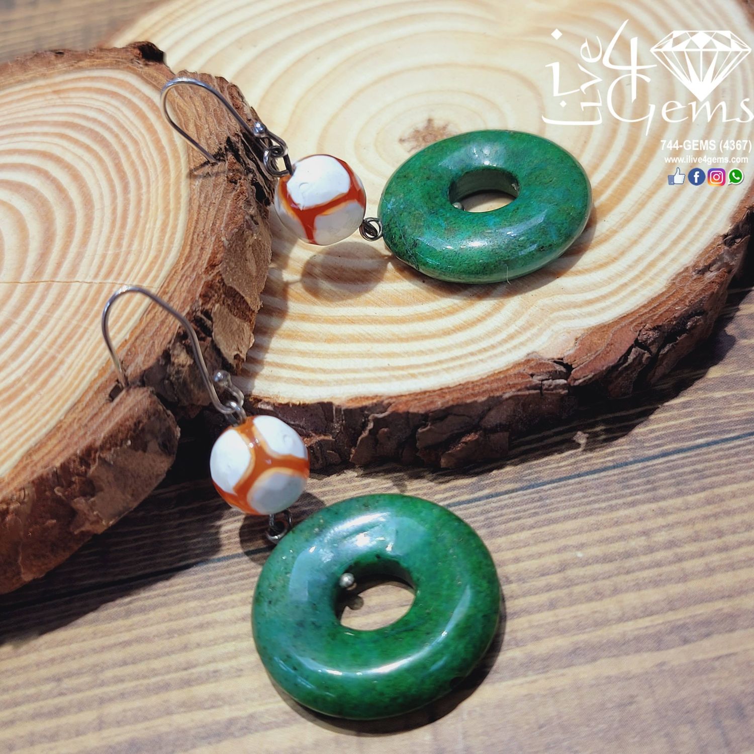 Gemstone Earring Green Jasper Donut Life Saver Agate Prayer Beads