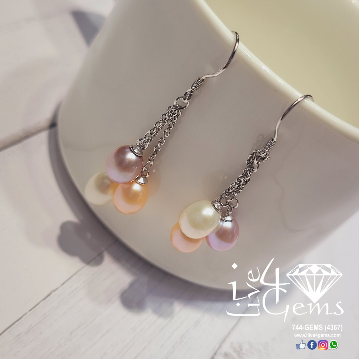 Silver Triple Drop Pearl Hanging Earring Peach/Pink/White