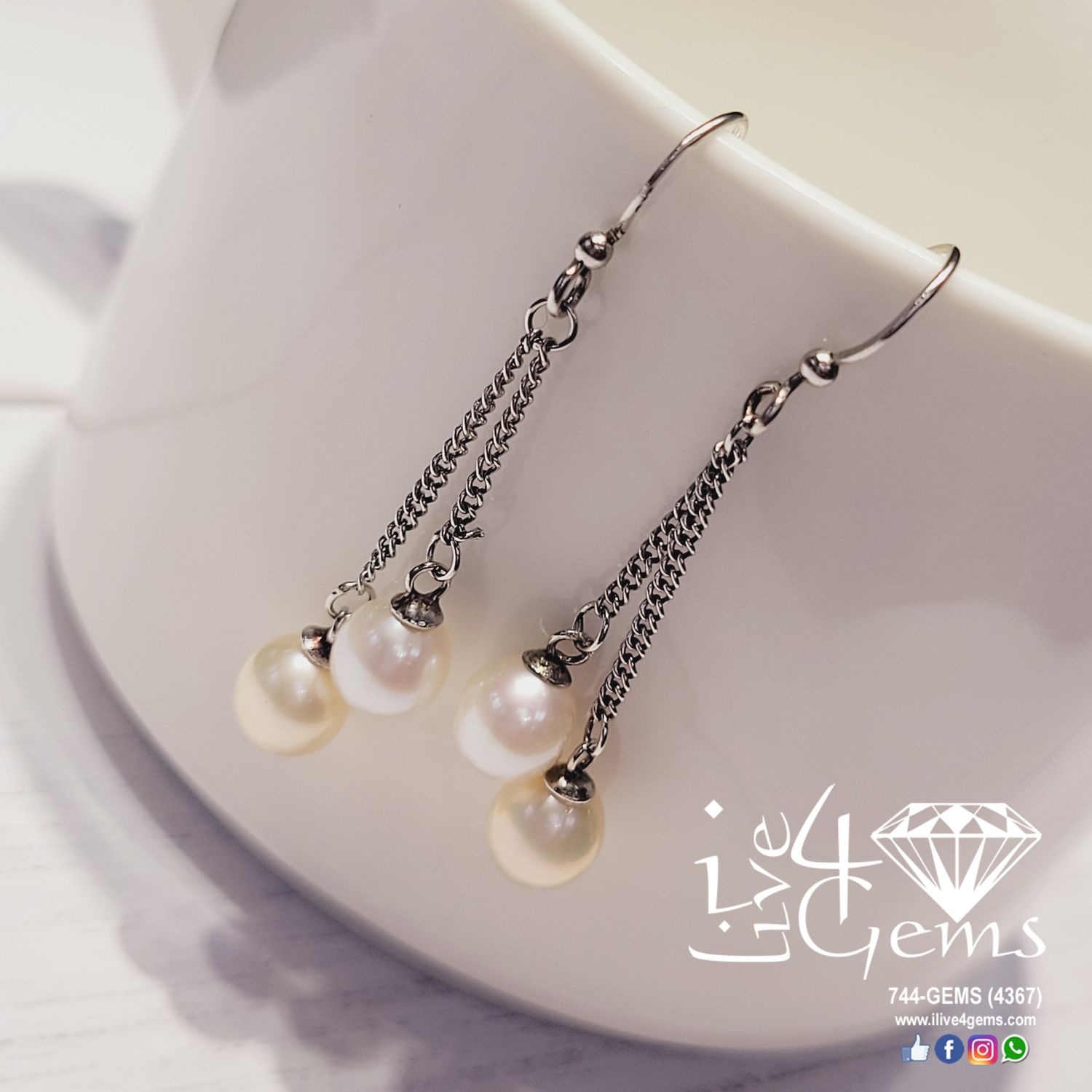 Silver Double Drop Pearl Hanging Earring White