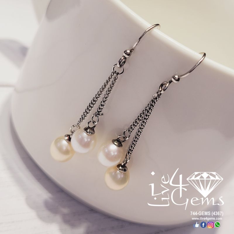 Silver Double Drop Pearl Hanging Earring White