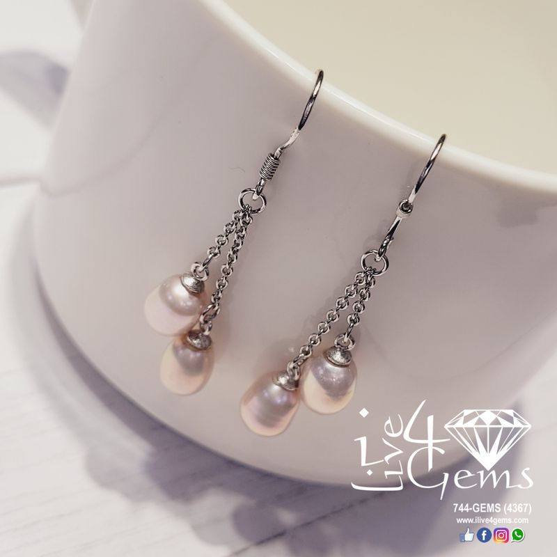 Silver Double Drop Pearl Hanging Earring Pink