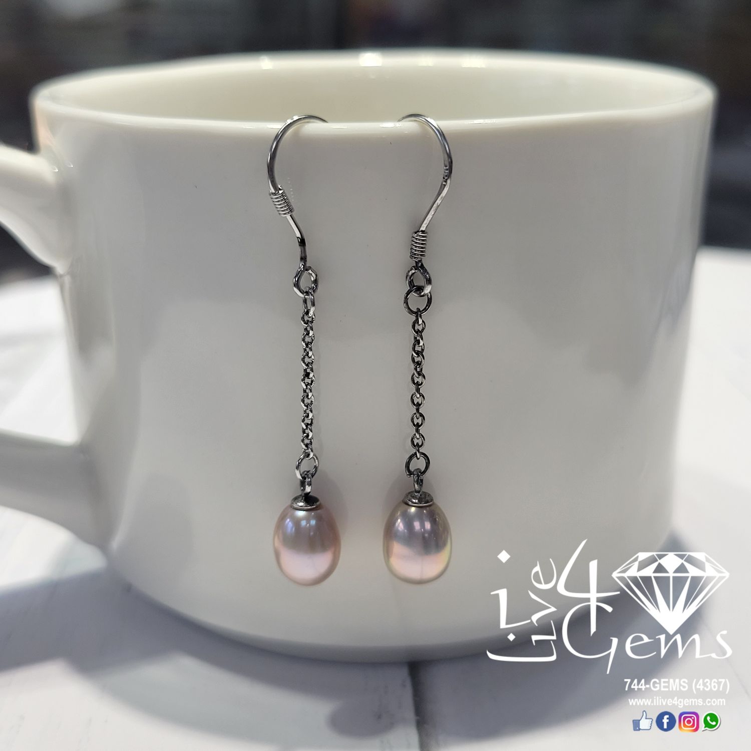 Silver Single Strand Pearl Hanging Earring Pink