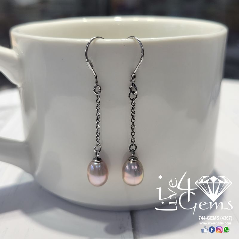 Silver Single Strand Pearl Hanging Earring Pink