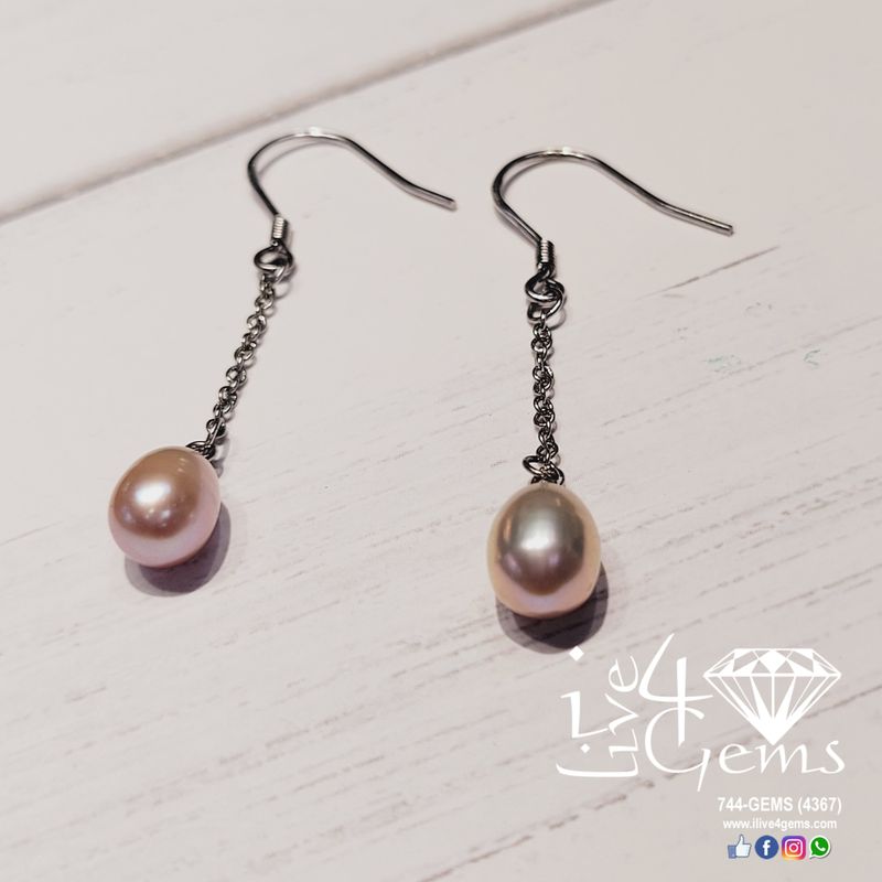 Silver Single Strand Pearl Hanging Earring Peach