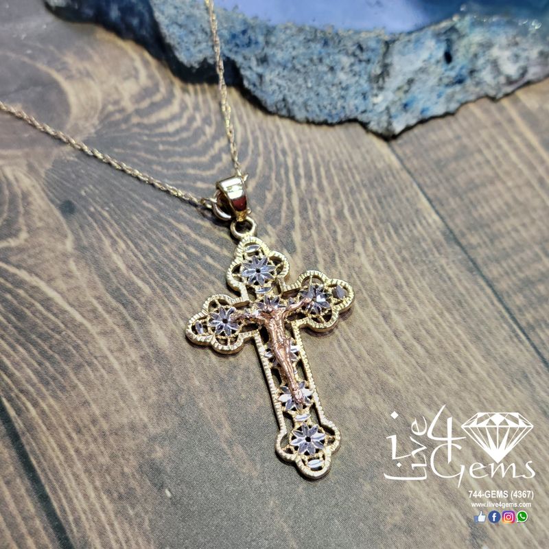 14kt Tricolour Crucifix w 14kt Chain