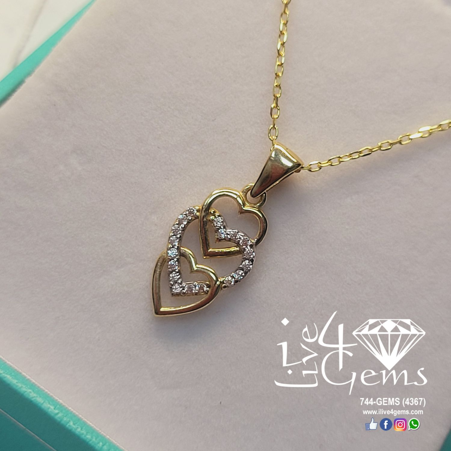 10kt Yellow Gold CZ Triple Heart and Chain
