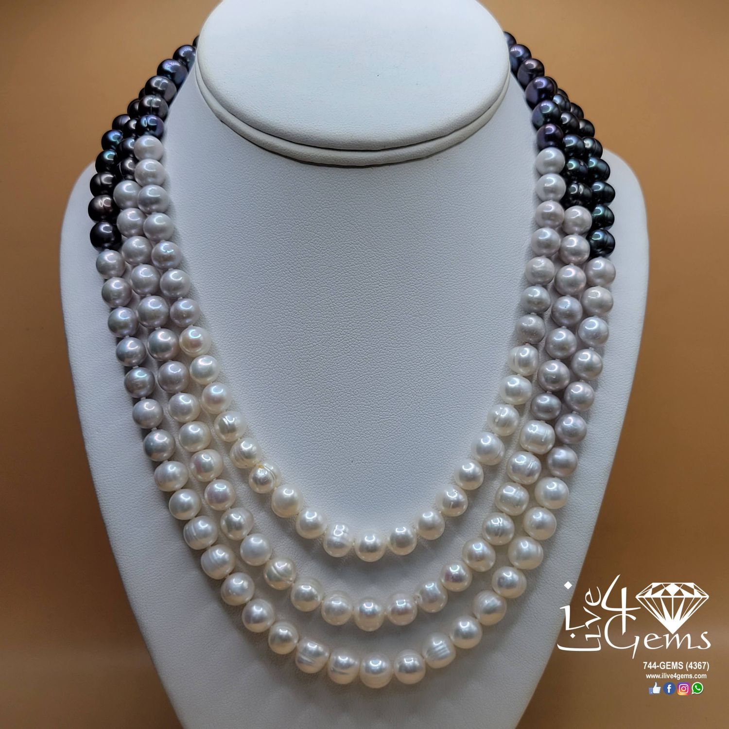 20&quot; Triple Strand Peacock/Gray/White Pearl Necklace