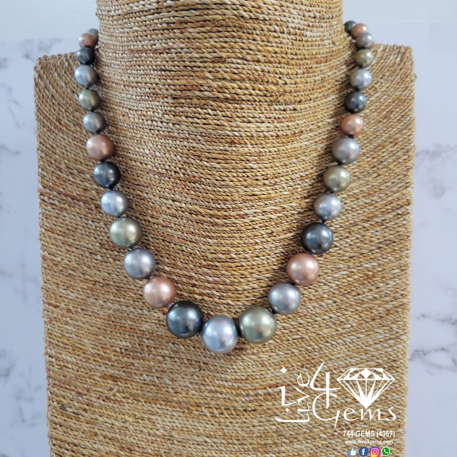 18&quot; Tri-Colour Gray Peach Gold Pearl Necklace