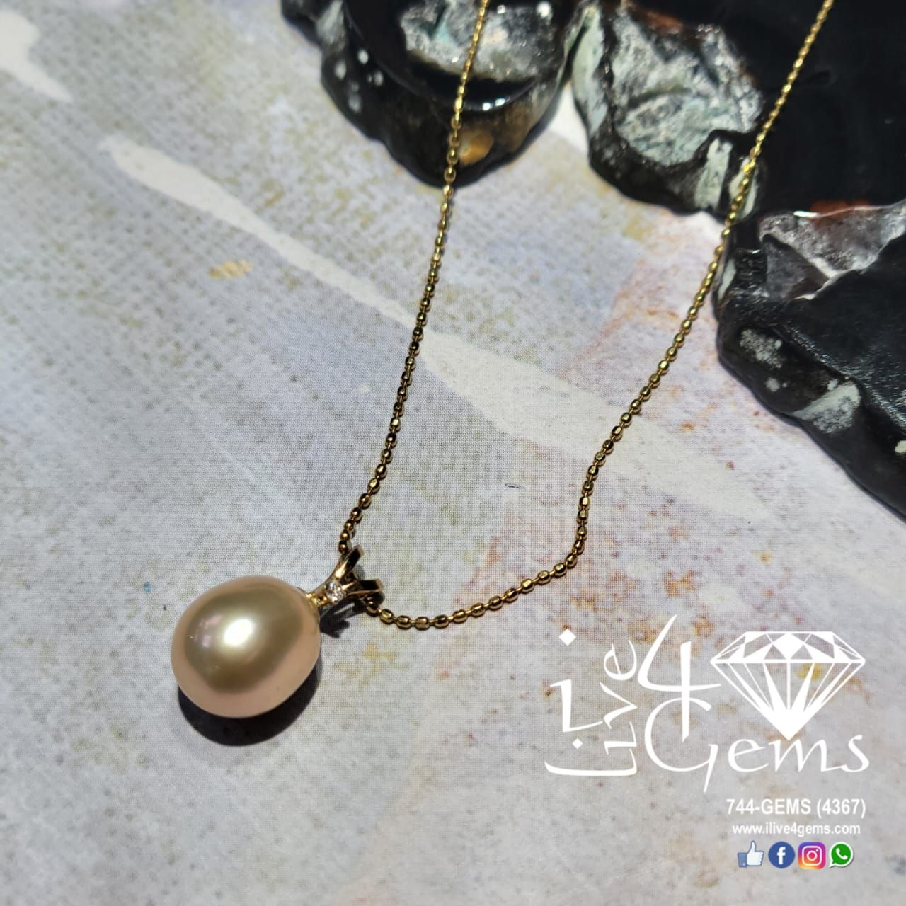 14kt Gold Drop Pearl with CZ pendant and Chain, Color: Peach