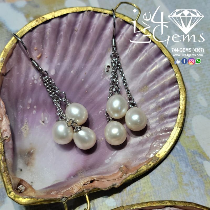 Silver Triple Drop Pearl Hanging Earring White