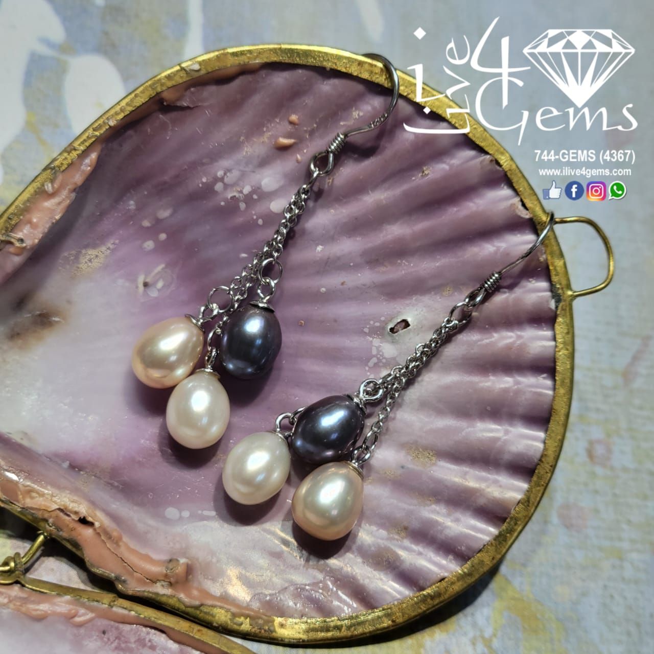 Silver Triple Drop Pearl Hanging Earring Peacock/Pink/White