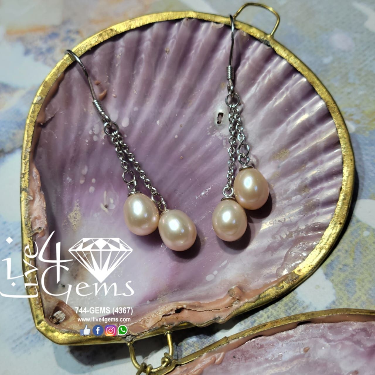 Silver Double Drop Pearl Hanging Earring Peach