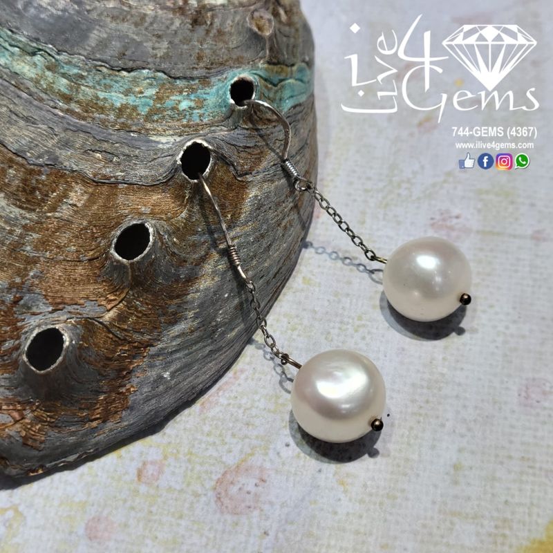 Silver Single Strand Round Pearl Hanging Earring White