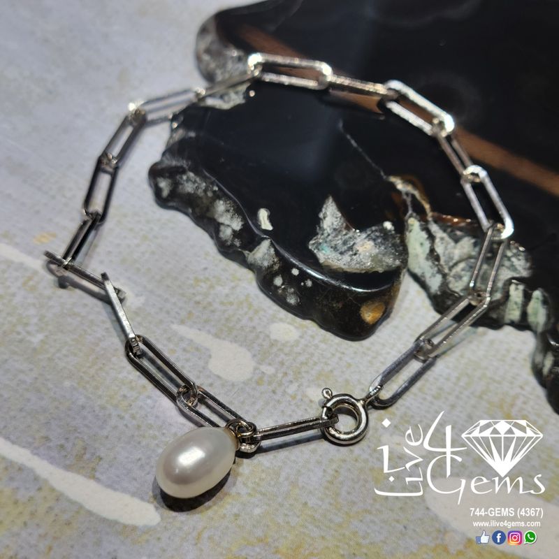 Silver Paperclip Pearl Bracelet