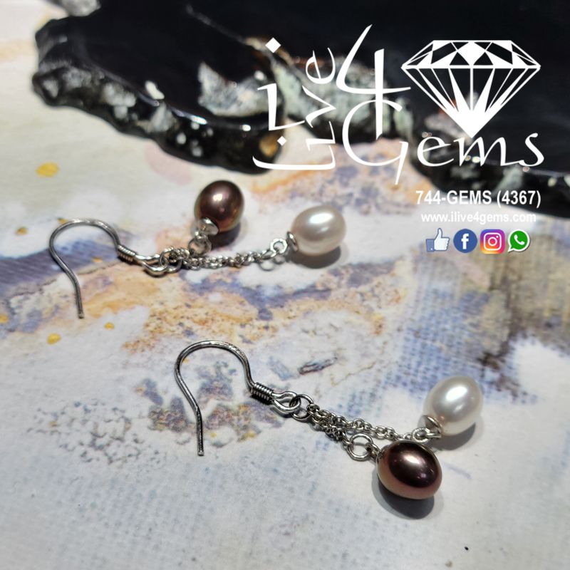 Silver Double Drop Pearl Hanging Earring Brown/White