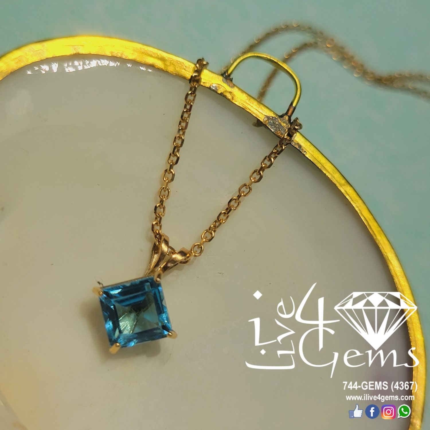 10kt Blue Topaz 6X6mm 1.38ct Pendant w Chain