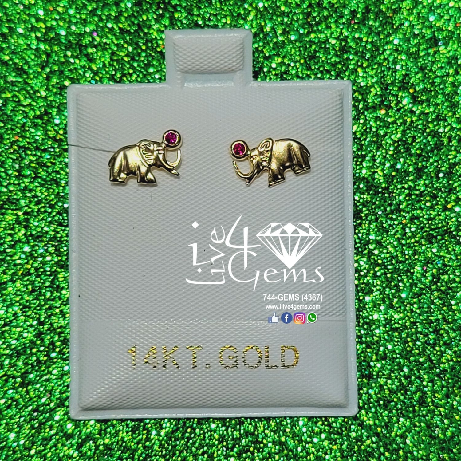 14kty Elephant with CZ Stone Stud, Color: Red