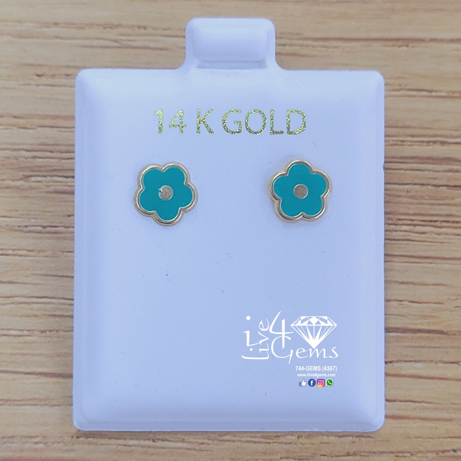 14kt Teal Flower Push Back  Stud