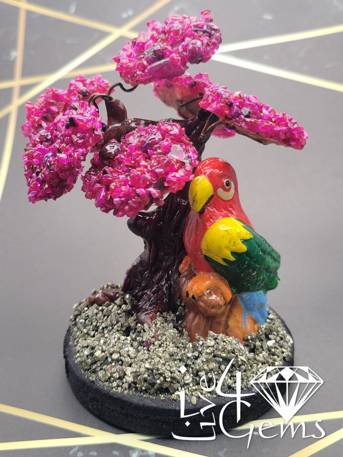Gemstone Bonsai Tree Fuchsia Agate w Parrot