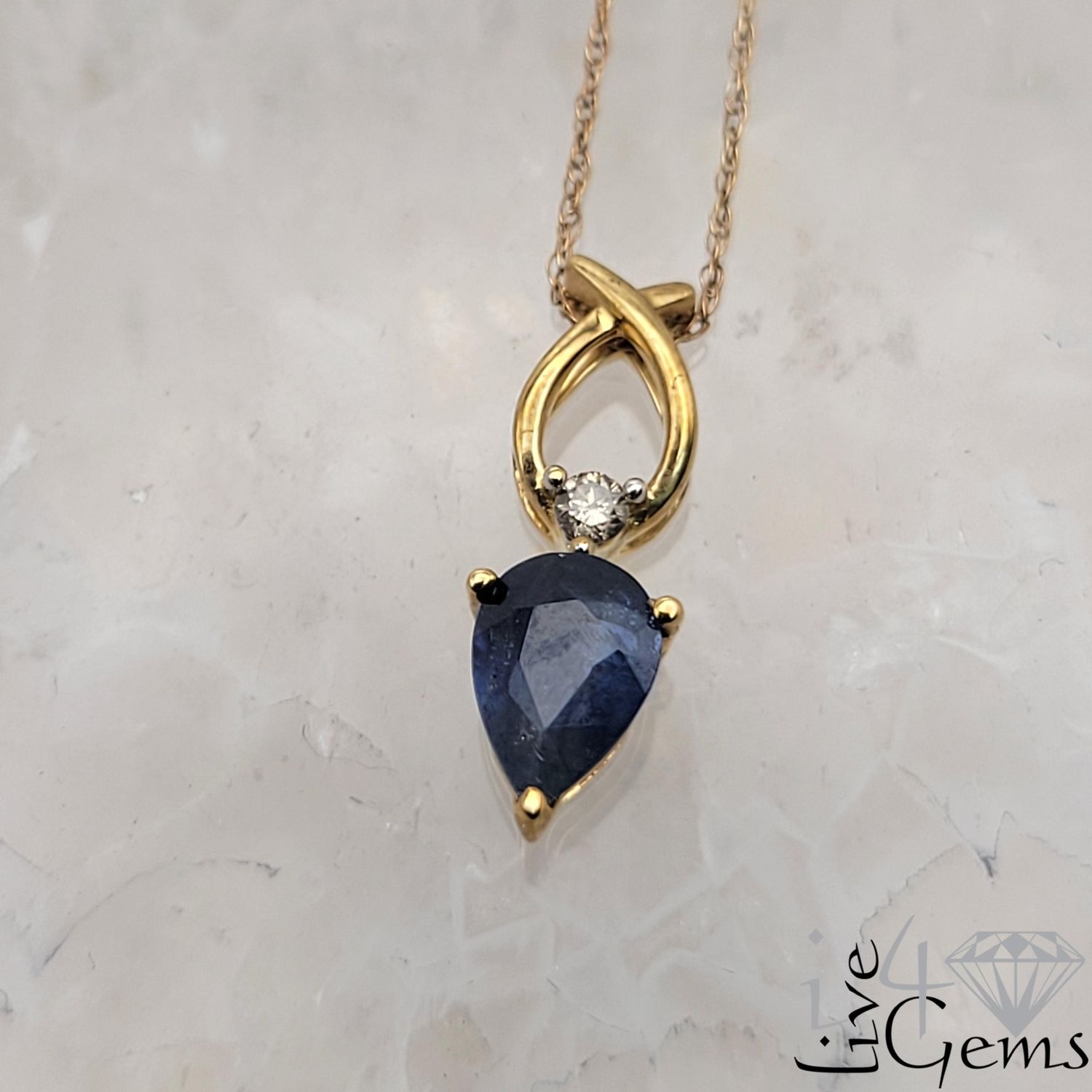 10kty 0.04ctw Dia/Sapphire Tear Pendant/Chain
