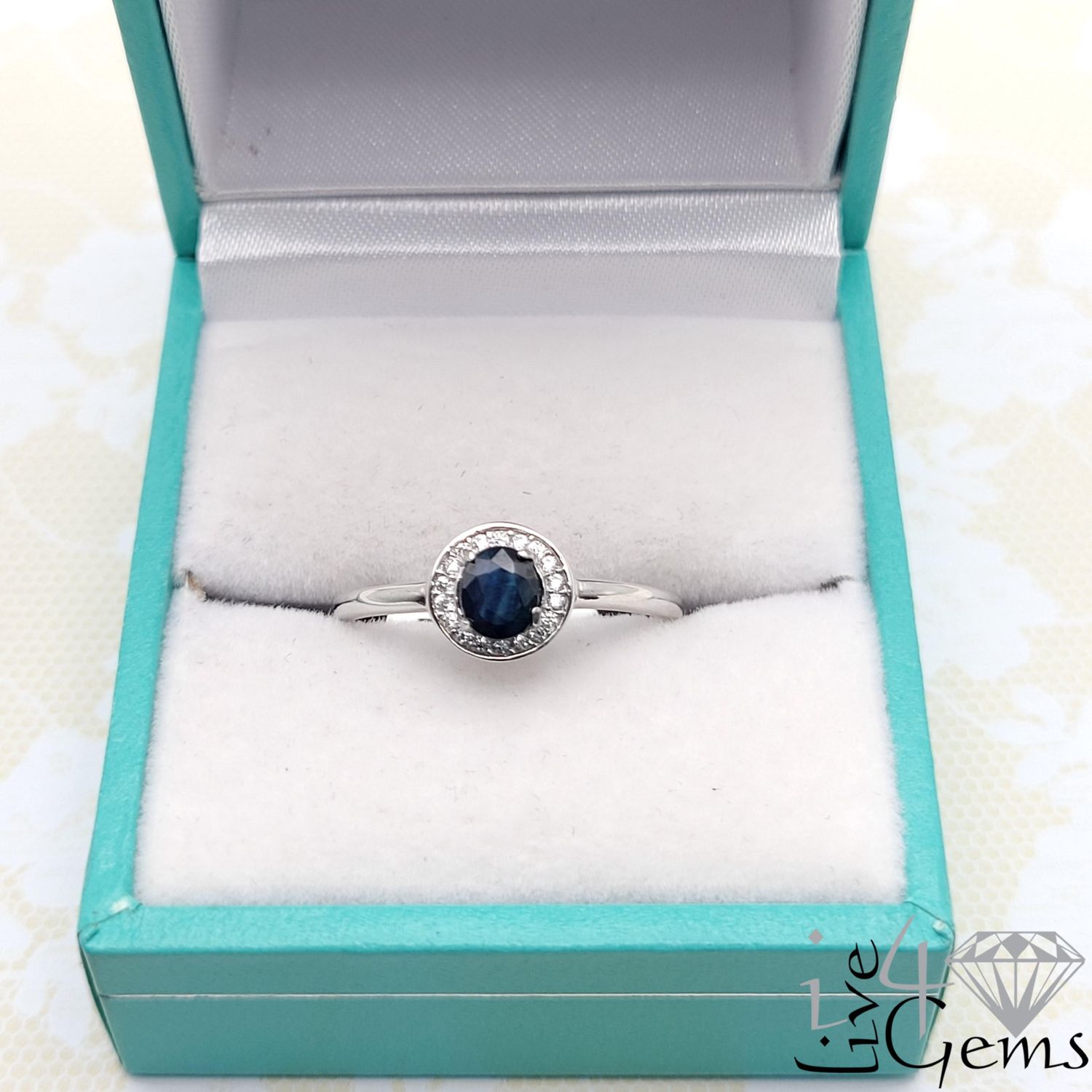 Silver Diamond Halo Ring Blue Sapphire