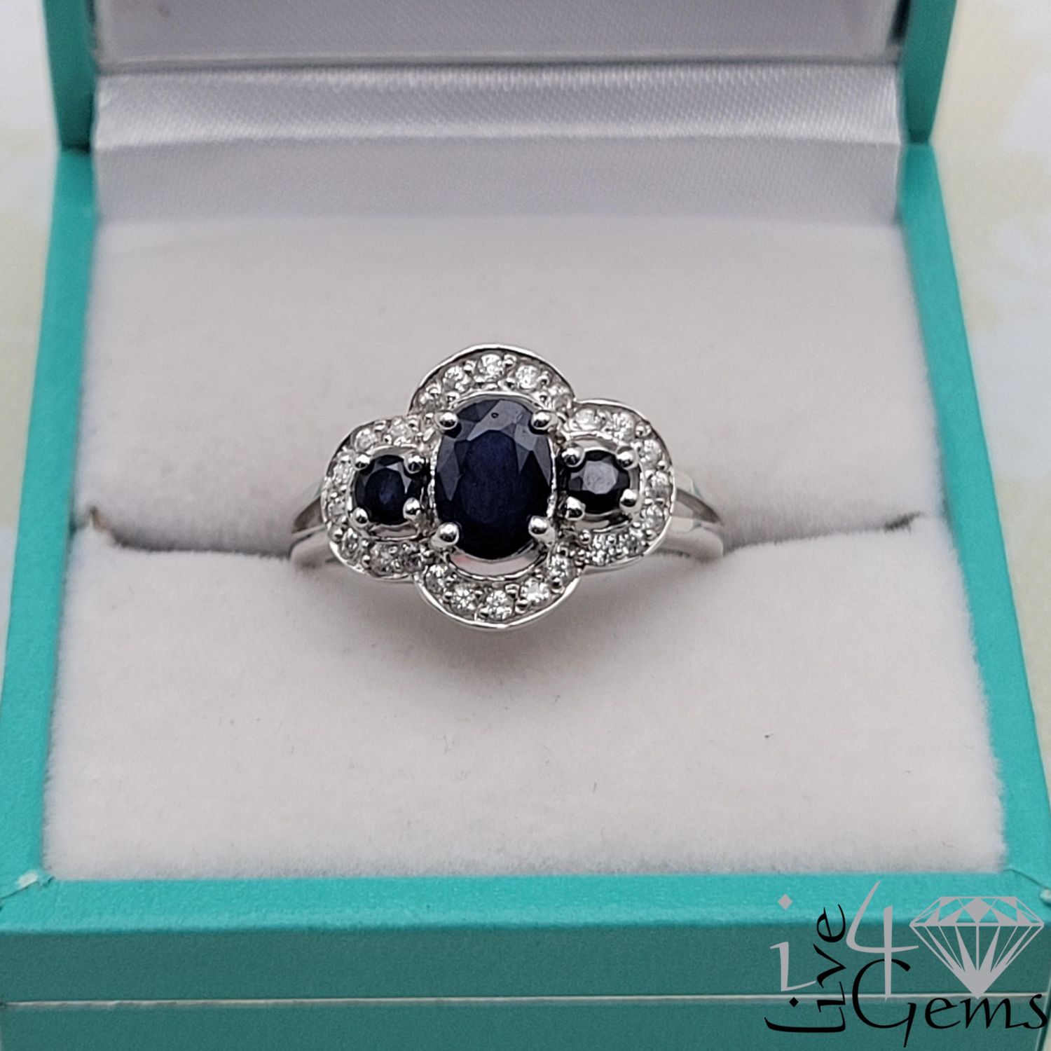 Silver Three Stone Sapphire /Dia 1ct Ring