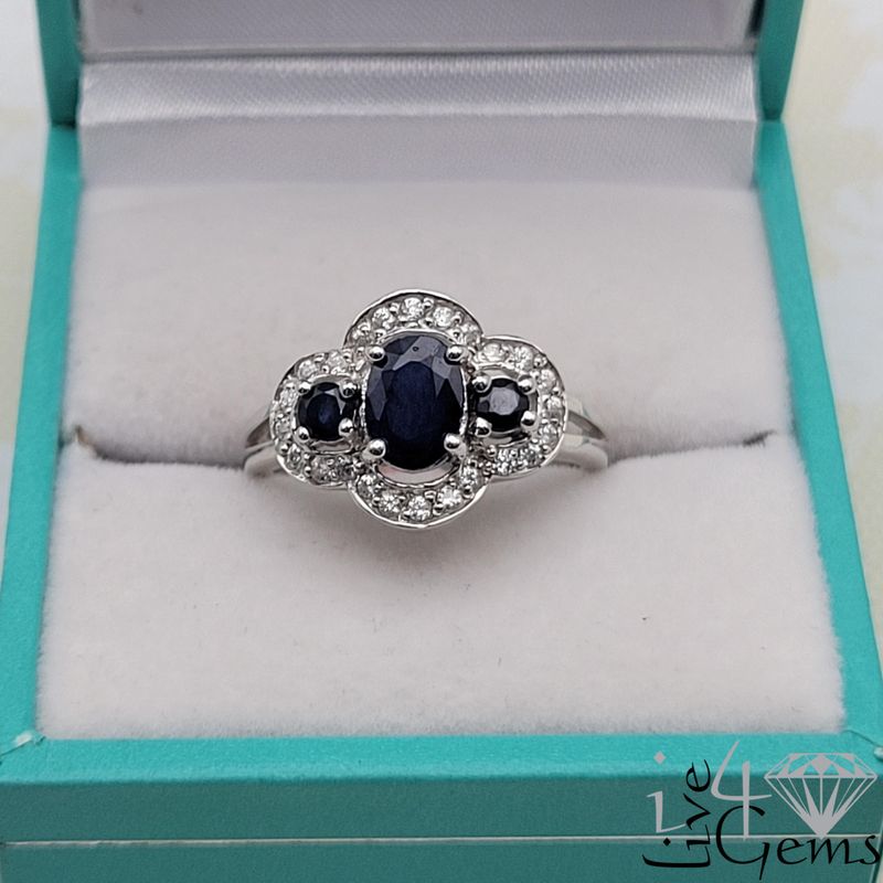 Silver Three Stone Sapphire /Dia 1ct Ring
