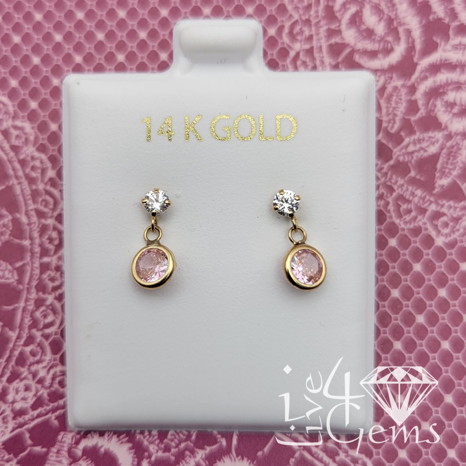 14kty Round Bezel Hanging Earring, Color: Pink